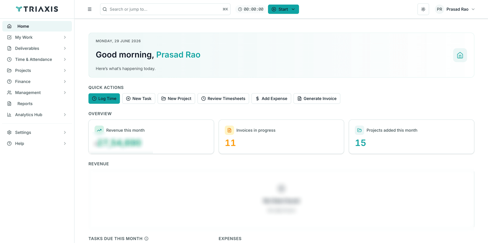 TriAxis practice dashboard — revenue this month, invoices in progress and live practice health for a professional-services firm